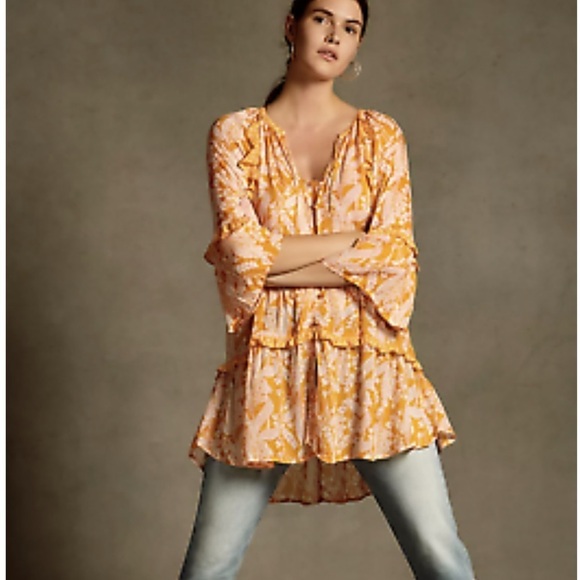 Anthropologie Mia Tiered Ruffle Tunic, Orange and Cream Floral, Button Up sz Med - Picture 2 of 14